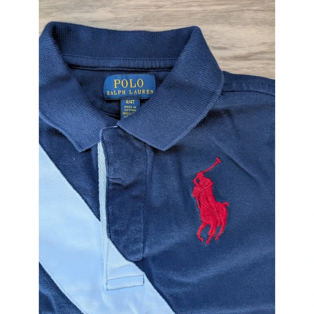 Polo Ralph Lauren Kids Blue Short Sleeve Polo Shirt Rugby Stripe Big Red Pony 4T